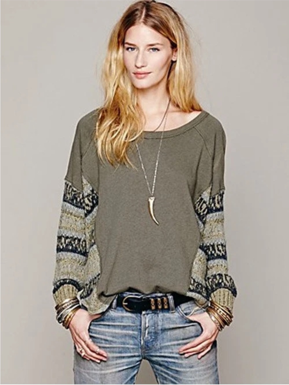Free People Olive Green Sweatshirt with Patterned Knit Sleeves